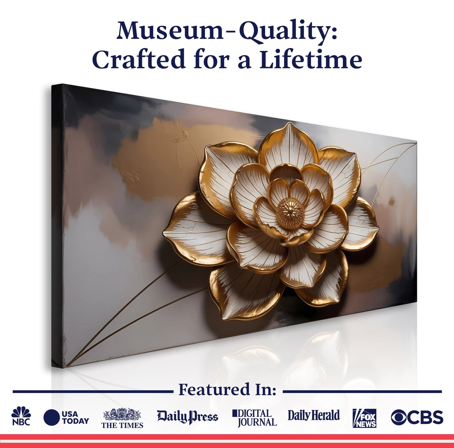 Golden Lotus canvas by Tailored Canvases with metallic flower on gray background on Tampa Home & Garden Store