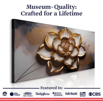 Golden Lotus canvas by Tailored Canvases with metallic flower on gray background on Tampa Home & Garden Store