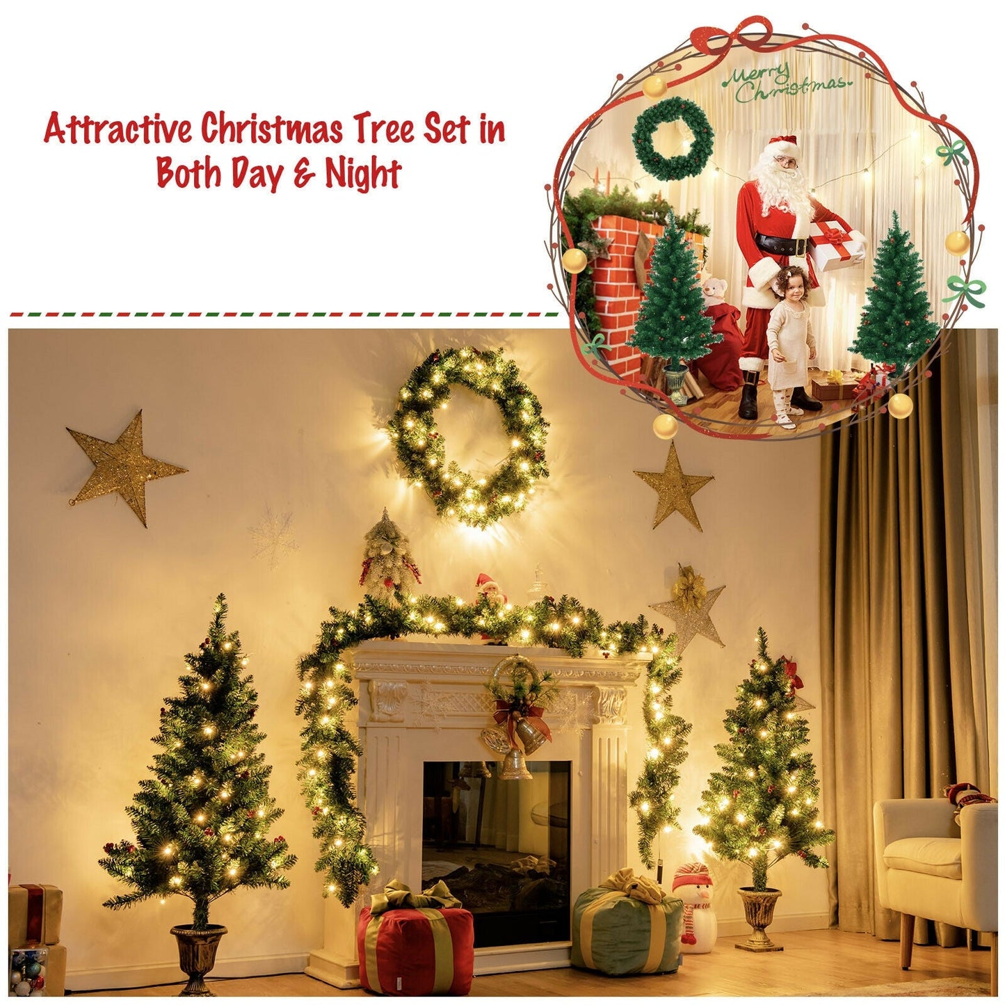 4-Piece Christmas Decor Set with Garland Wreath & Trees, green pine foliage, warm lights on Tampa Home & Garden Store