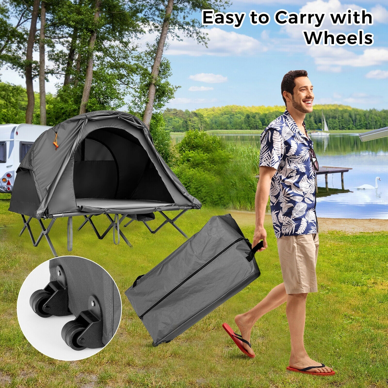 GemGear 2-Person Outdoor Camping Tent with External Cover, gray tent on grassy lakeside campsite on Tampa Home & Garden Store