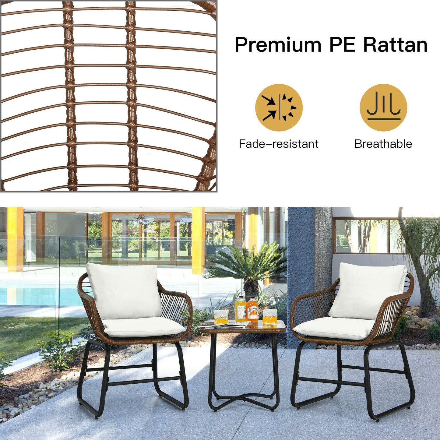 Juego de bistró de ratán para patio de 3 piezas, silla acolchada, mesa de cristal, para terraza, blanco
