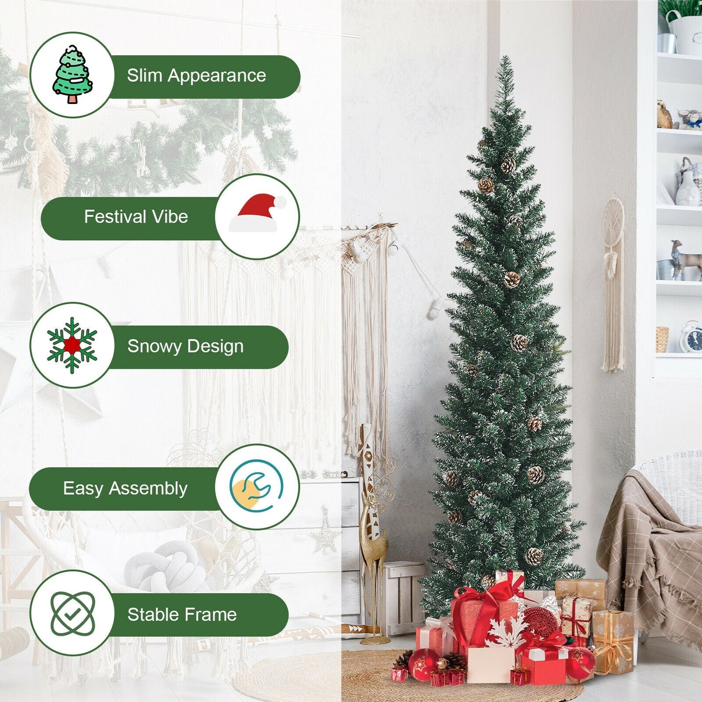 Snowy Pencil Christmas Tree with Pine Cones, slim green artificial tree by DirectDeals on Tampa Home & Garden Store