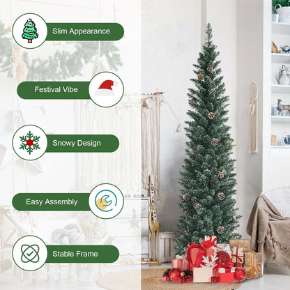 Snowy Pencil Christmas Tree with Pine Cones, slim green artificial tree by DirectDeals on Tampa Home & Garden Store