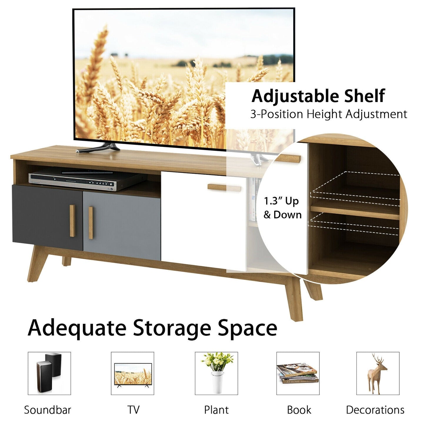 Mueble para TV de 65 pulgadas con 3 armarios de almacenamiento y 3 estantes abiertos para salón