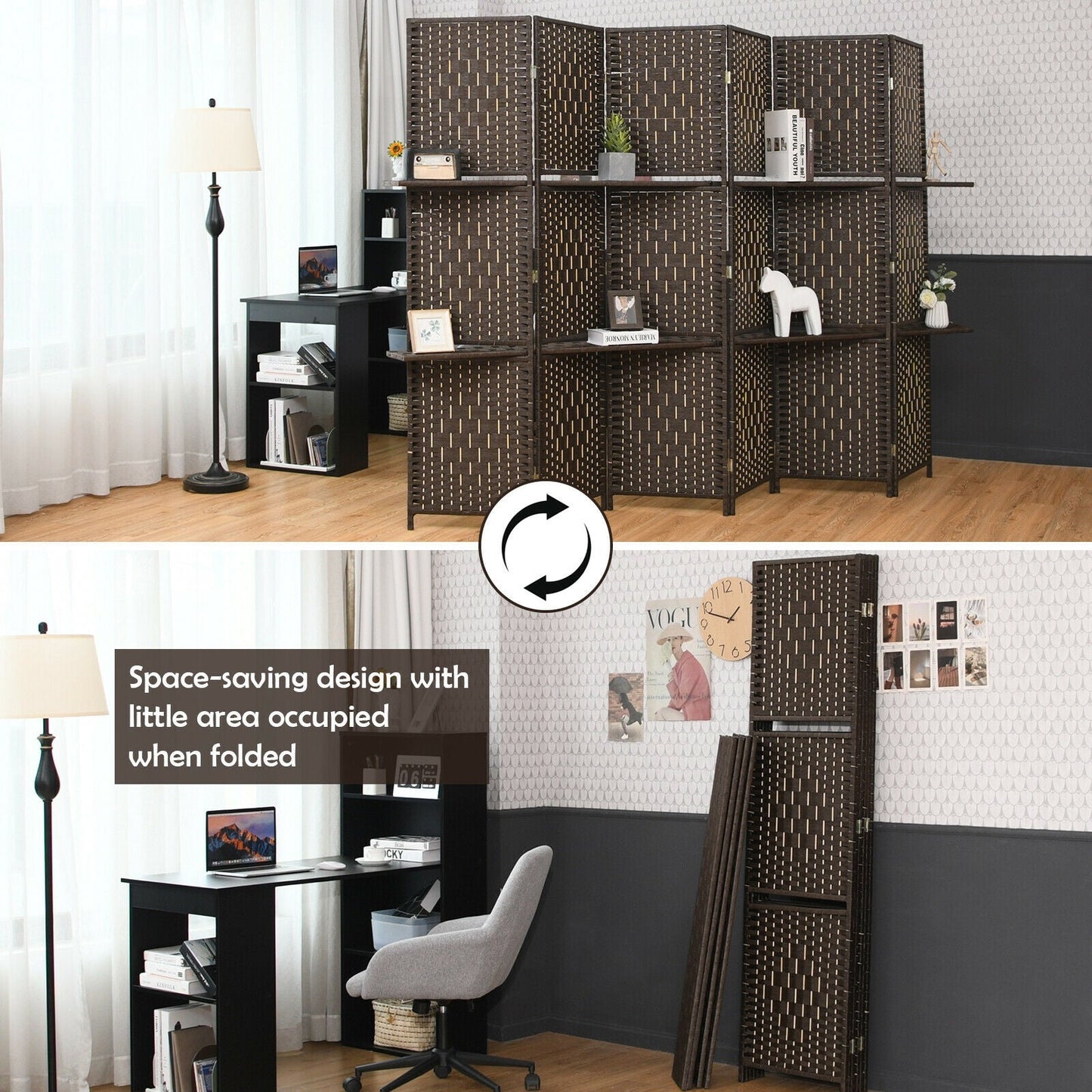 Divisor de Ambientes Plegable de Fibra con 6 Paneles y 2 Estantes de Exhibición - Marrón