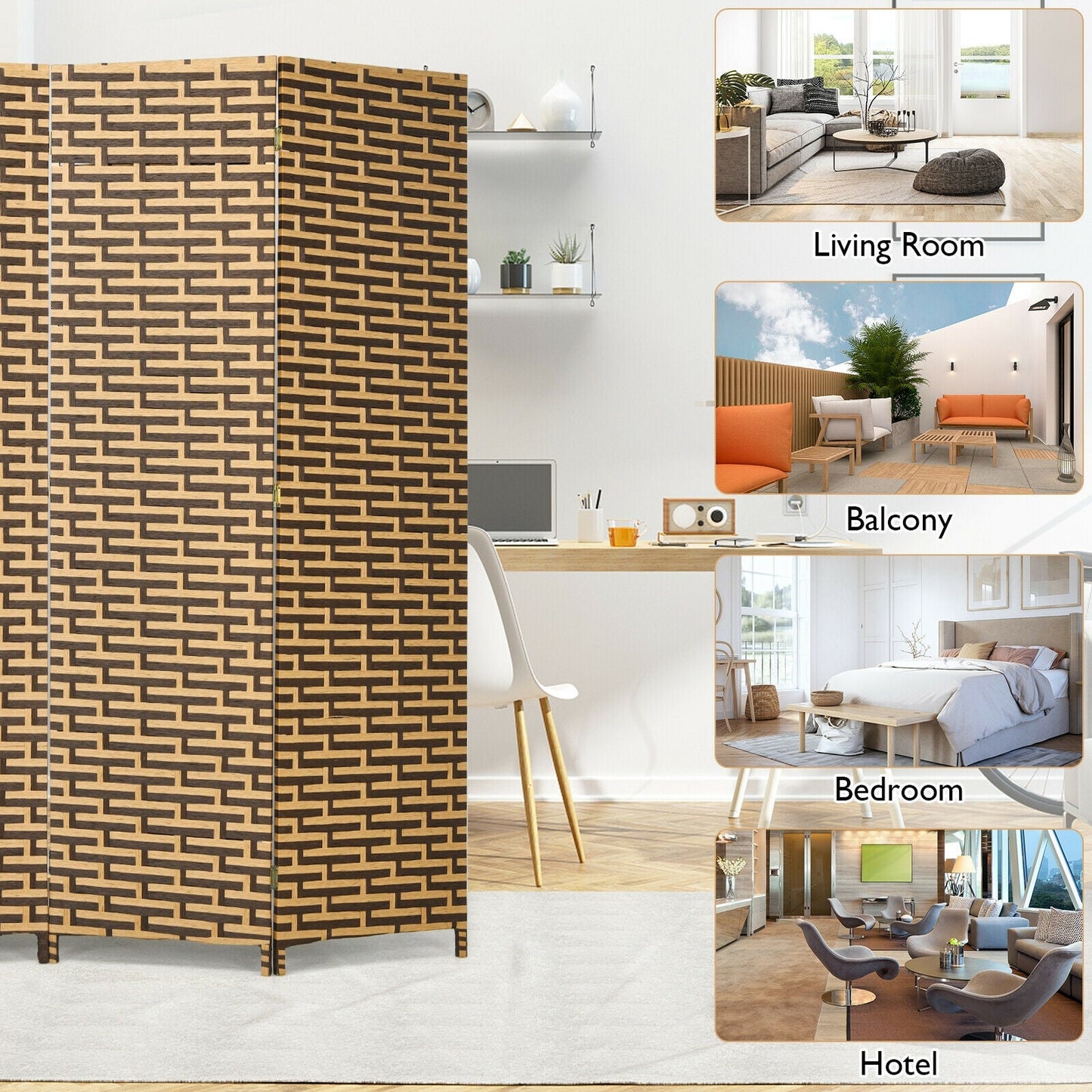 Divisor de ambiente biombo plegable de 4 paneles con bisagra inoxidable - Amarillo