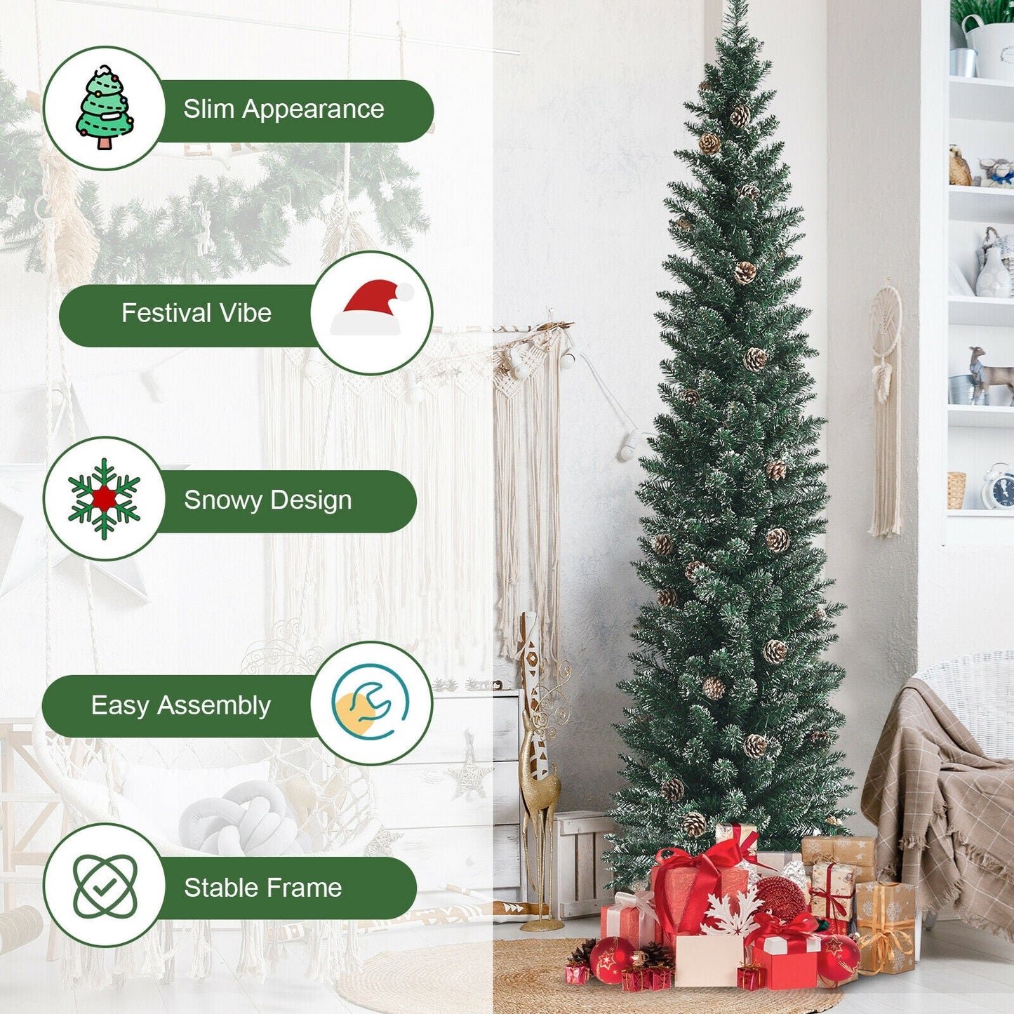 Snowy Artificial Pencil Christmas Tree with Pine Cones in a cozy living room, slim design on Tampa Home & Garden Store