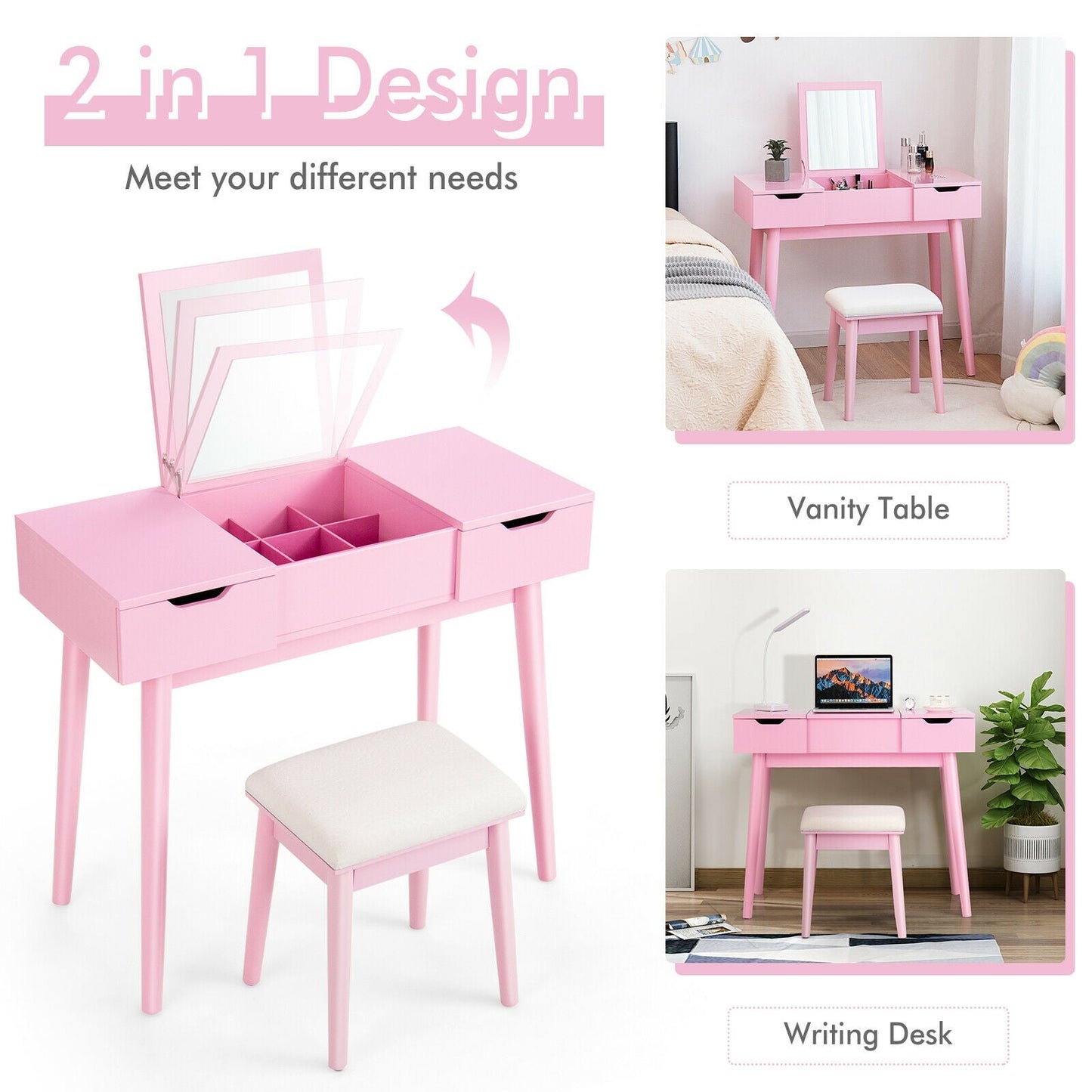 Juego de Tocador de Maquillaje con Espejo Abatible y 2 Cajones - Rosa