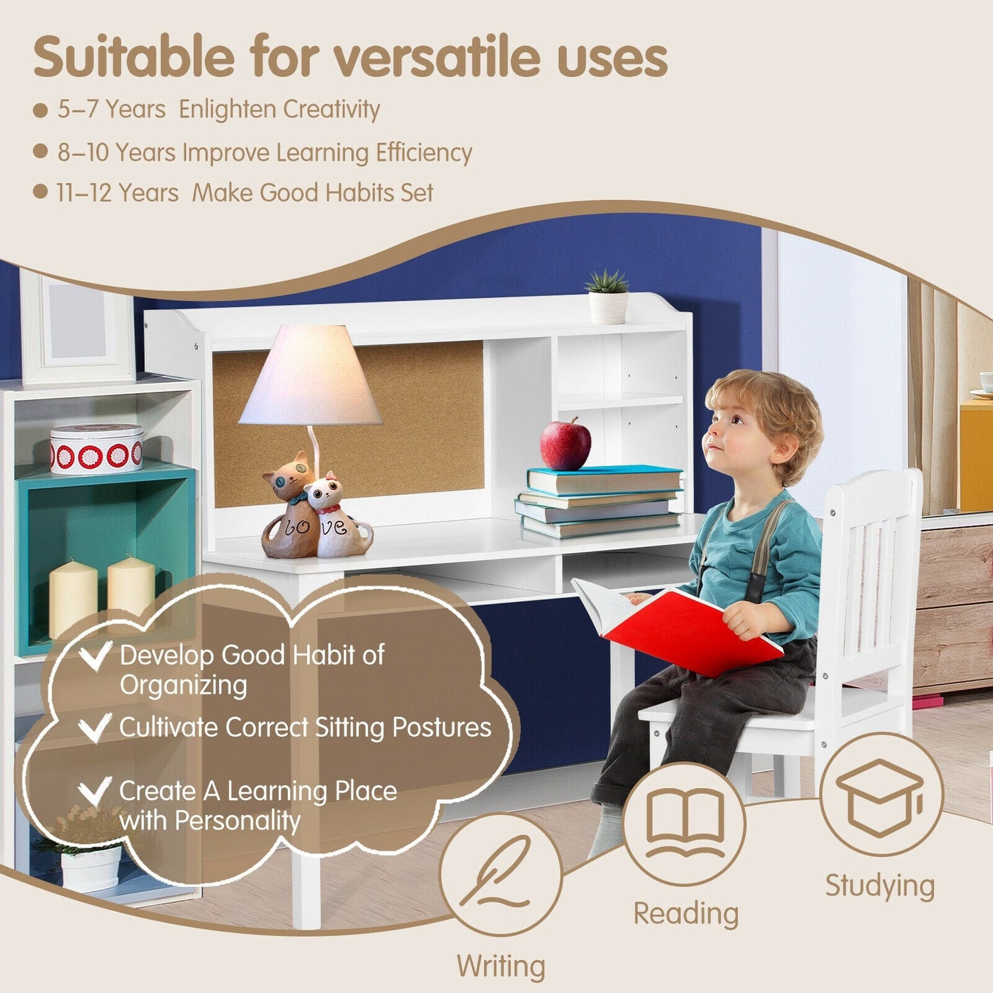 Kids Desk and Chair Set Study Writing Desk with Hutch and Bookshelves