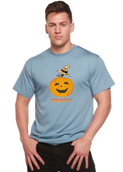 Halloween Pumpkin unisex graphic tee in light blue with pumpkin print by Spun Bamboo on Tampa Home & Garden Store
