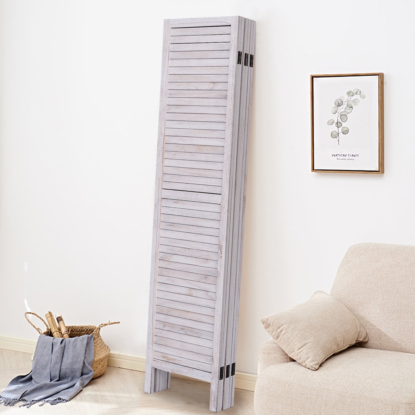 Pantalla divisoria de madera de 6 paneles estilo veneciano con lamas clásicas - Blanca