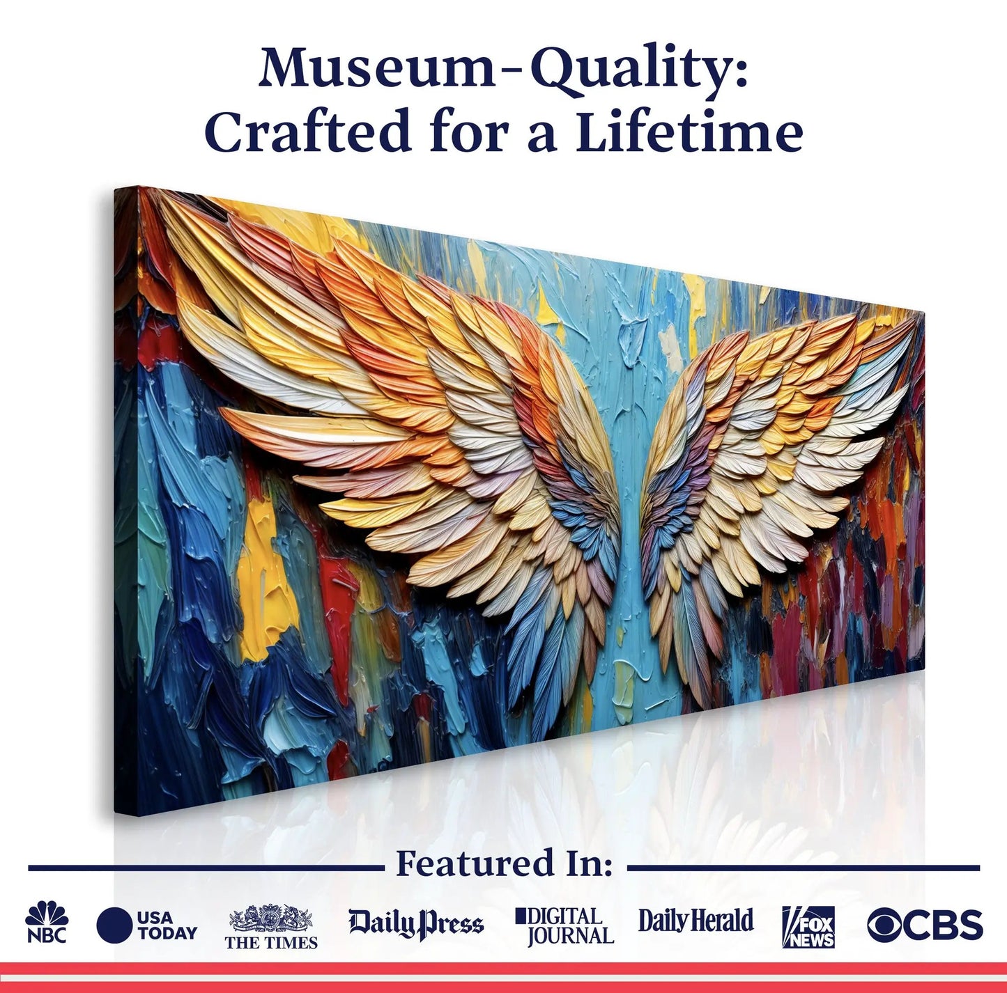 Wings of Hope Canvas wall art with textured wings in blue yellow red Tailored Canvases on Tampa Home & Garden Store