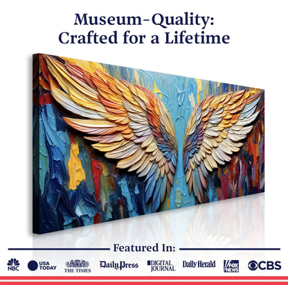 Wings of Hope Canvas wall art with textured wings in blue yellow red Tailored Canvases on Tampa Home & Garden Store