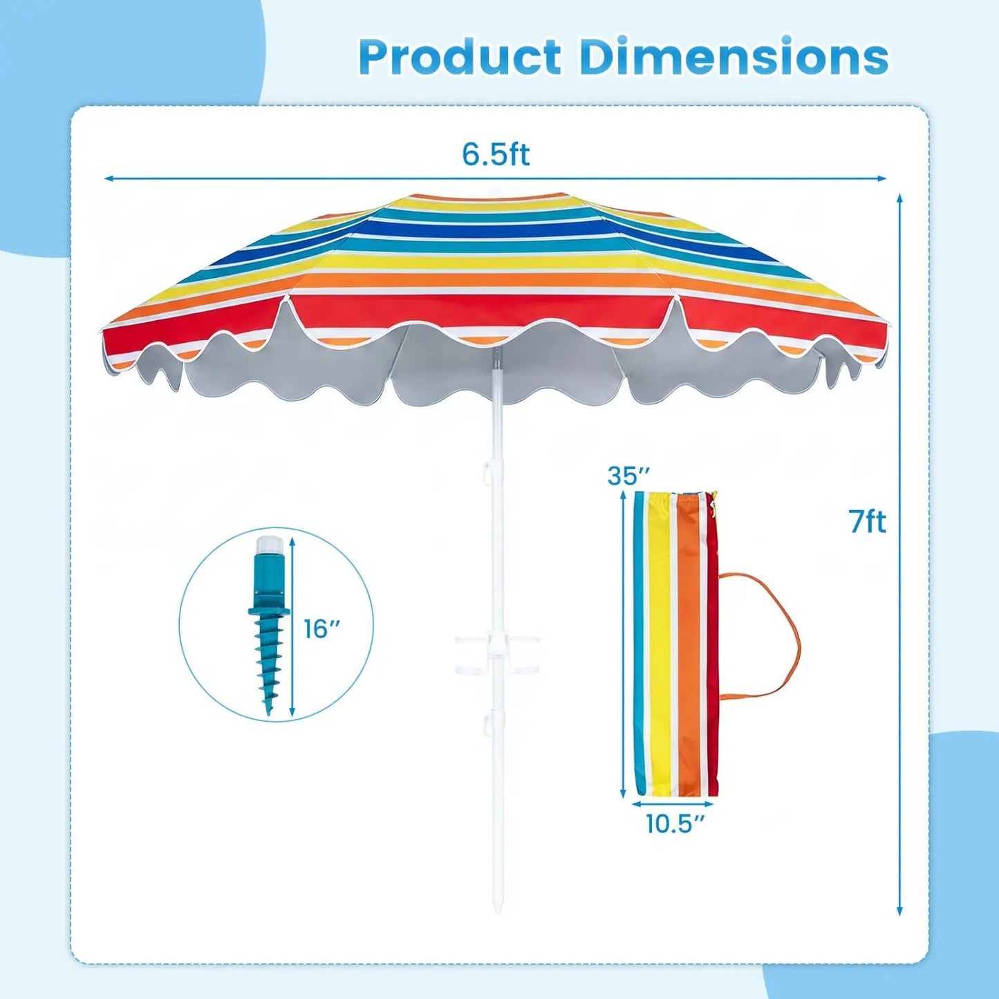 Beach Umbrella 6.5 ft With UPF Sun Protection