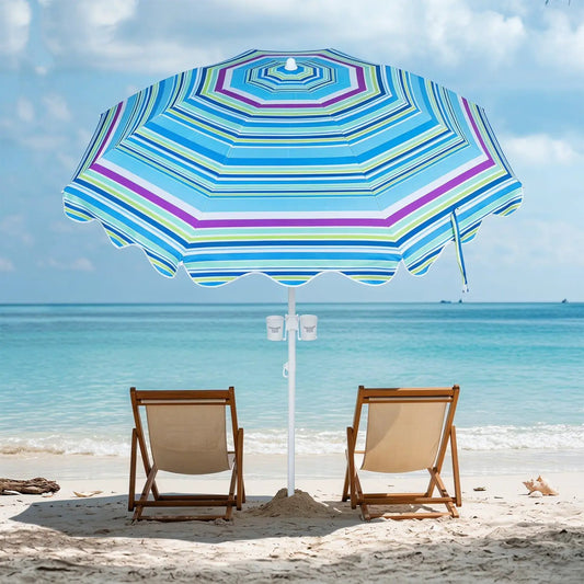 Beach Umbrella 6.5 ft striped UPF 50+ with sand anchor; DirectDeals umbrella with 2 chairs on Tampa Home & Garden Store