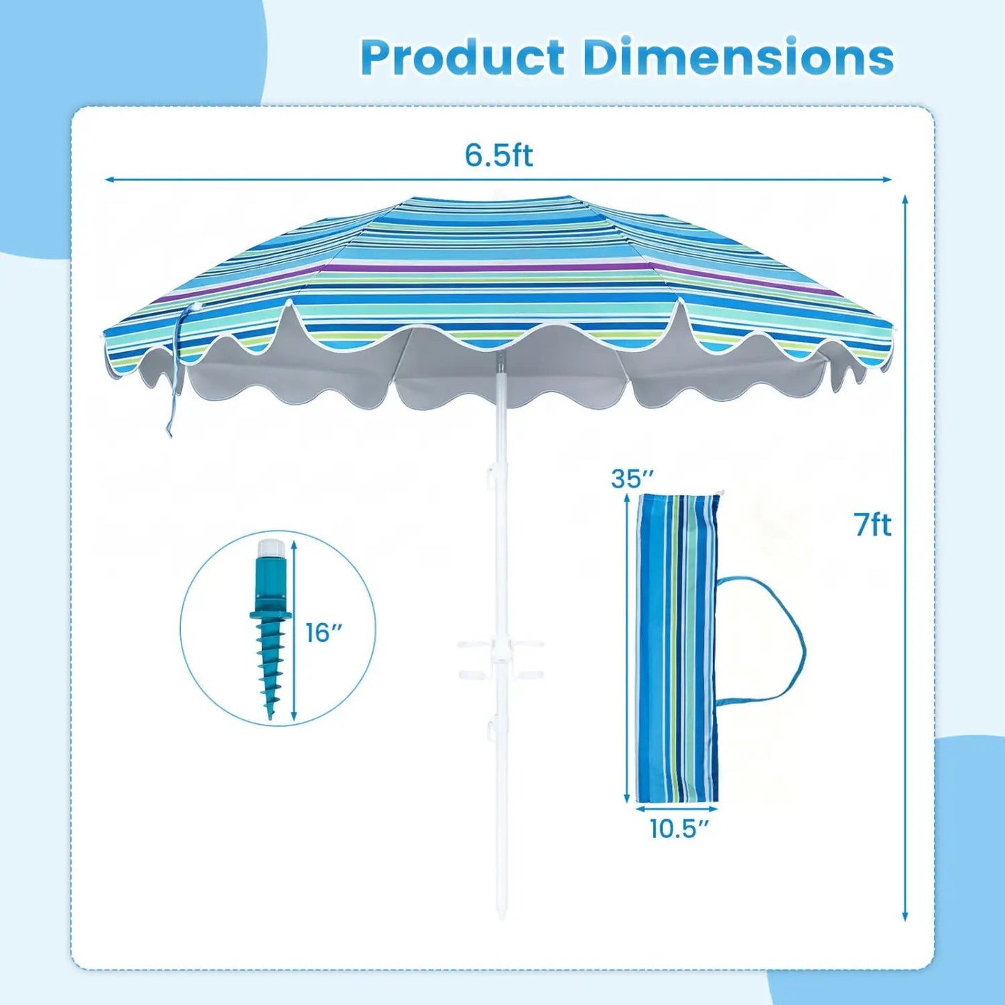 Beach Umbrella 6.5 ft With UPF Sun Protection