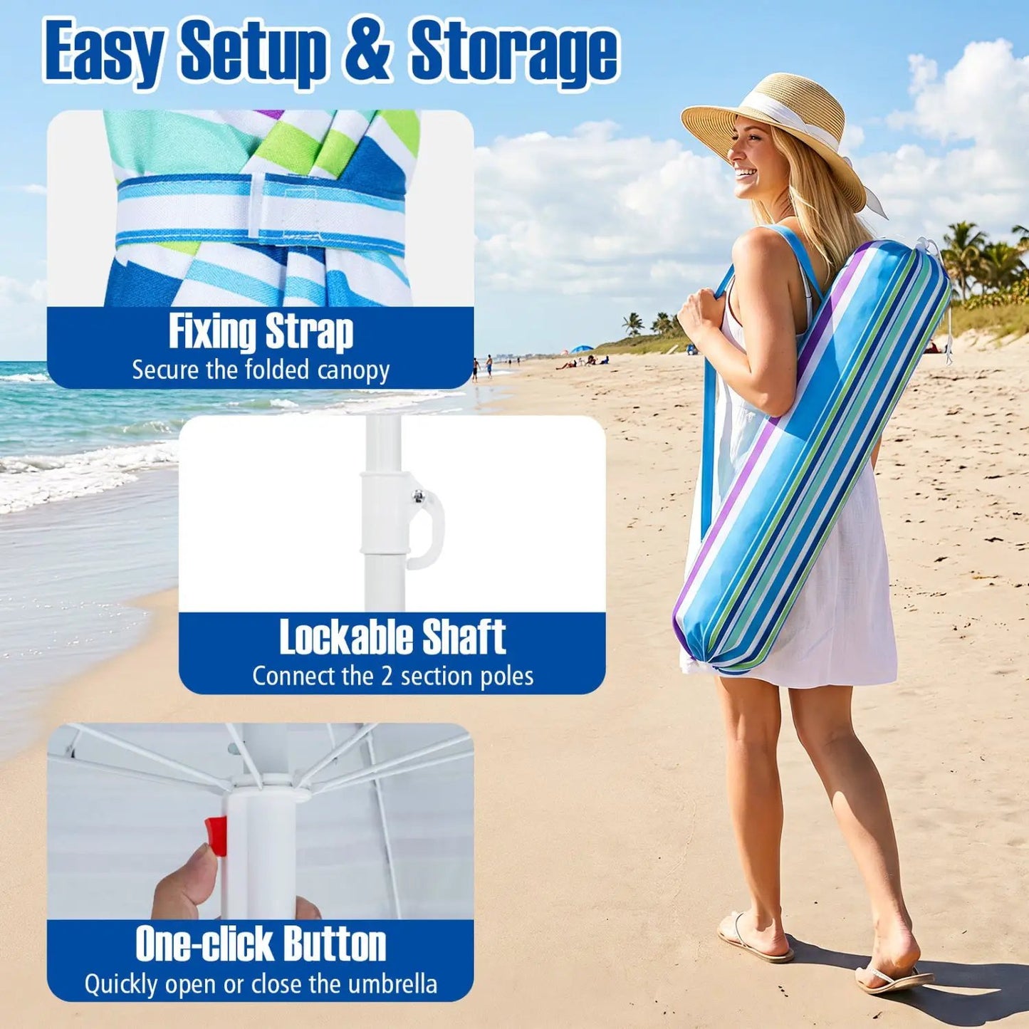 Beach Umbrella 6.5 Ft With UPF 50 Sand Anchor