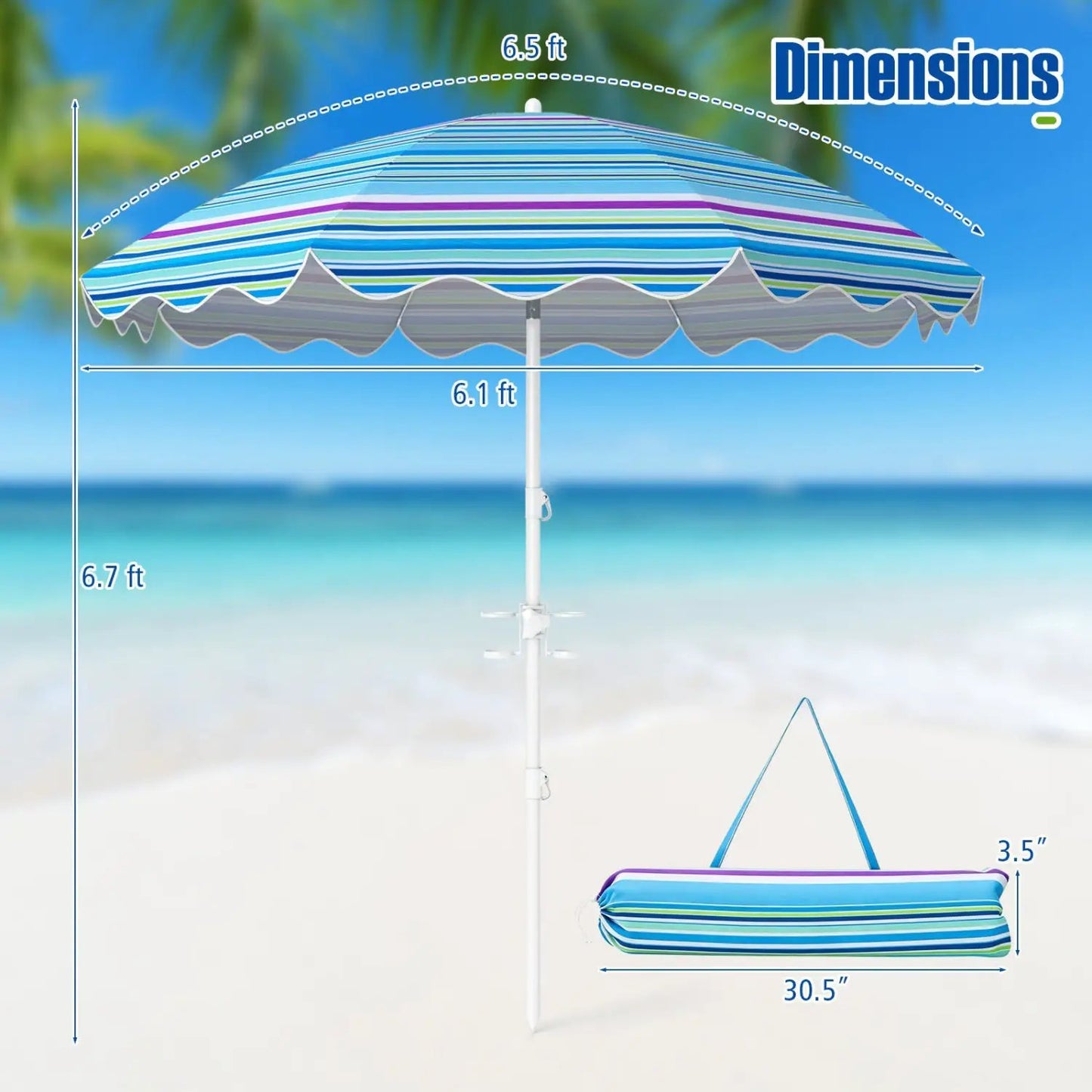 Beach Umbrella 6.5 Ft With UPF 50 Sand Anchor