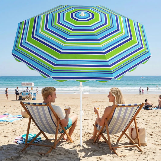 Beach umbrella 6.5 ft DirectDeals UPF 50+ with sand anchor in blue-green stripes on Tampa Home & Garden Store