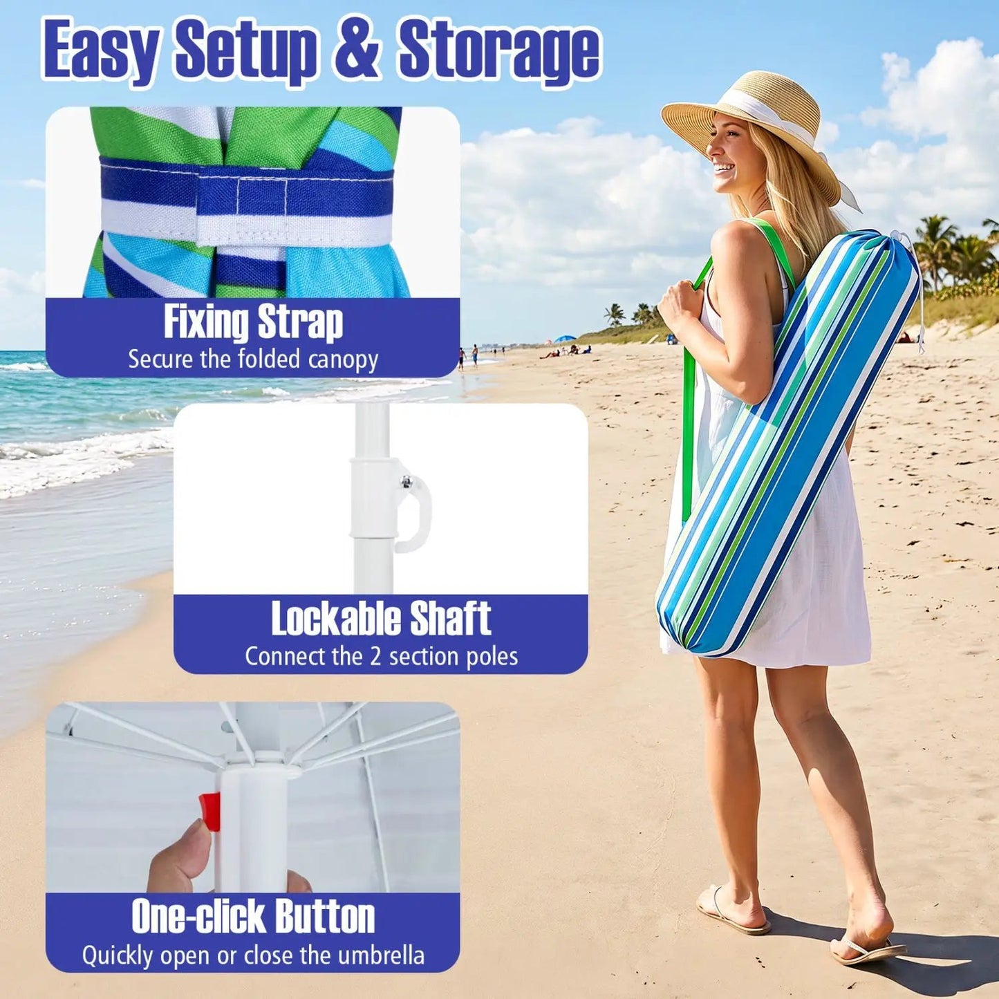 Beach Umbrella 6.5 Ft With UPF 50 Sand Anchor
