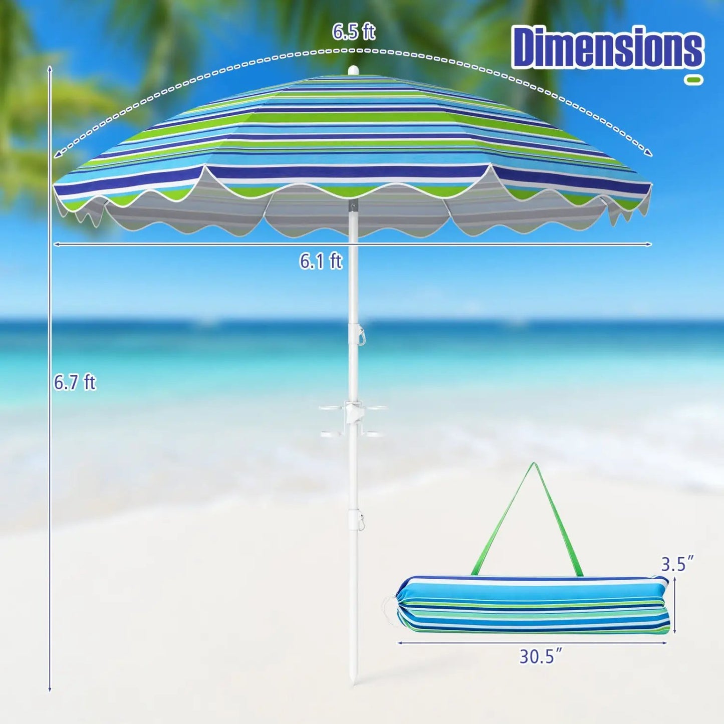 Beach Umbrella 6.5 Ft With UPF 50 Sand Anchor