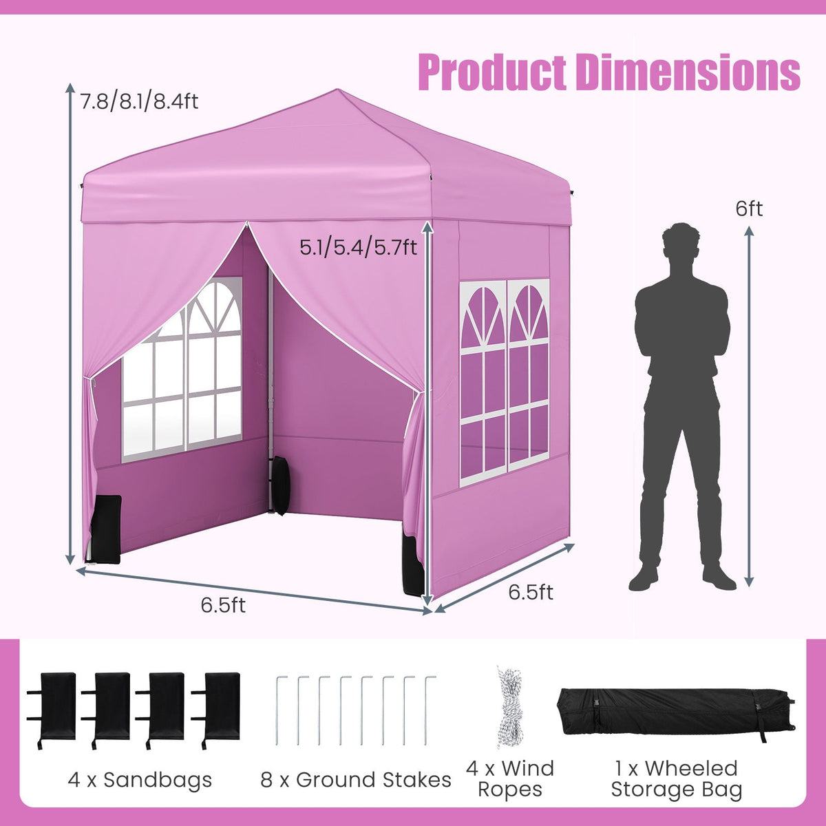 GemGear 6.5x6.5 ft pink pop-up canopy tent with 4 sidewalls and wheeled bag on Tampa Home & Garden Store