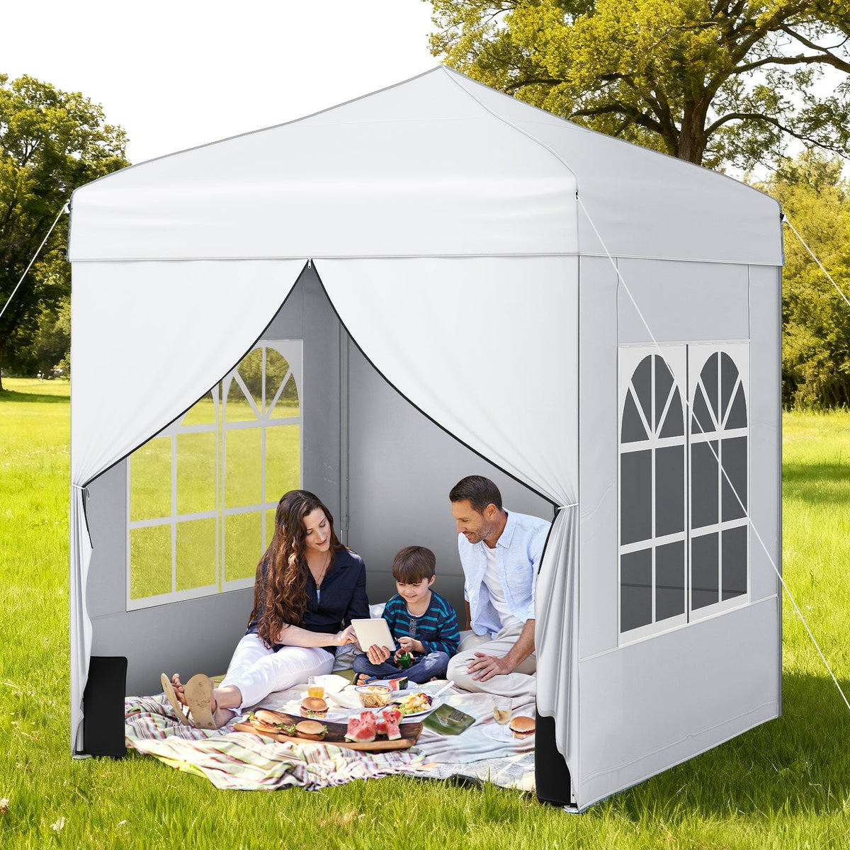 GemGear 6.5x6.5 ft pop up canopy with 4 sidewalls and wheeled bag, white canopy with windows on Tampa Home & Garden Store