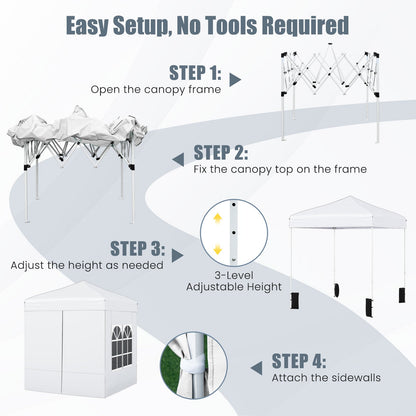GemGear 6.5 x 6.5 ft pop-up canopy tent with 4 sidewalls and wheeled bag, setup steps on Tampa Home & Garden Store