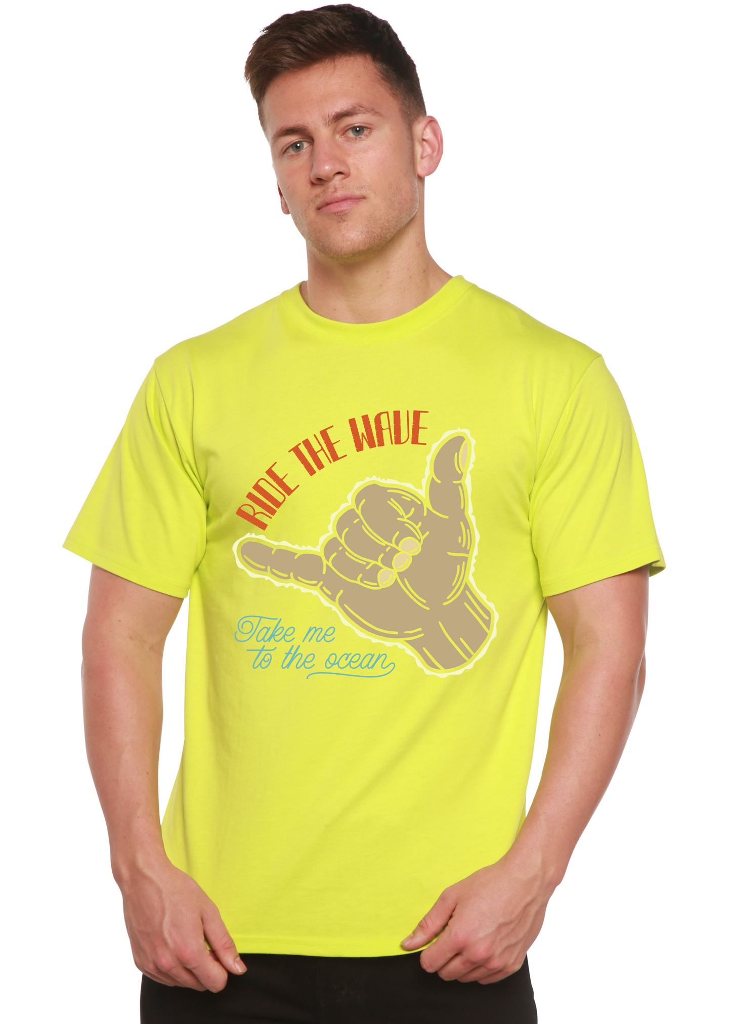 Ride The Wave neon yellow Spun Bamboo men's short sleeve graphic tee with large hand motif on Tampa Home & Garden Store