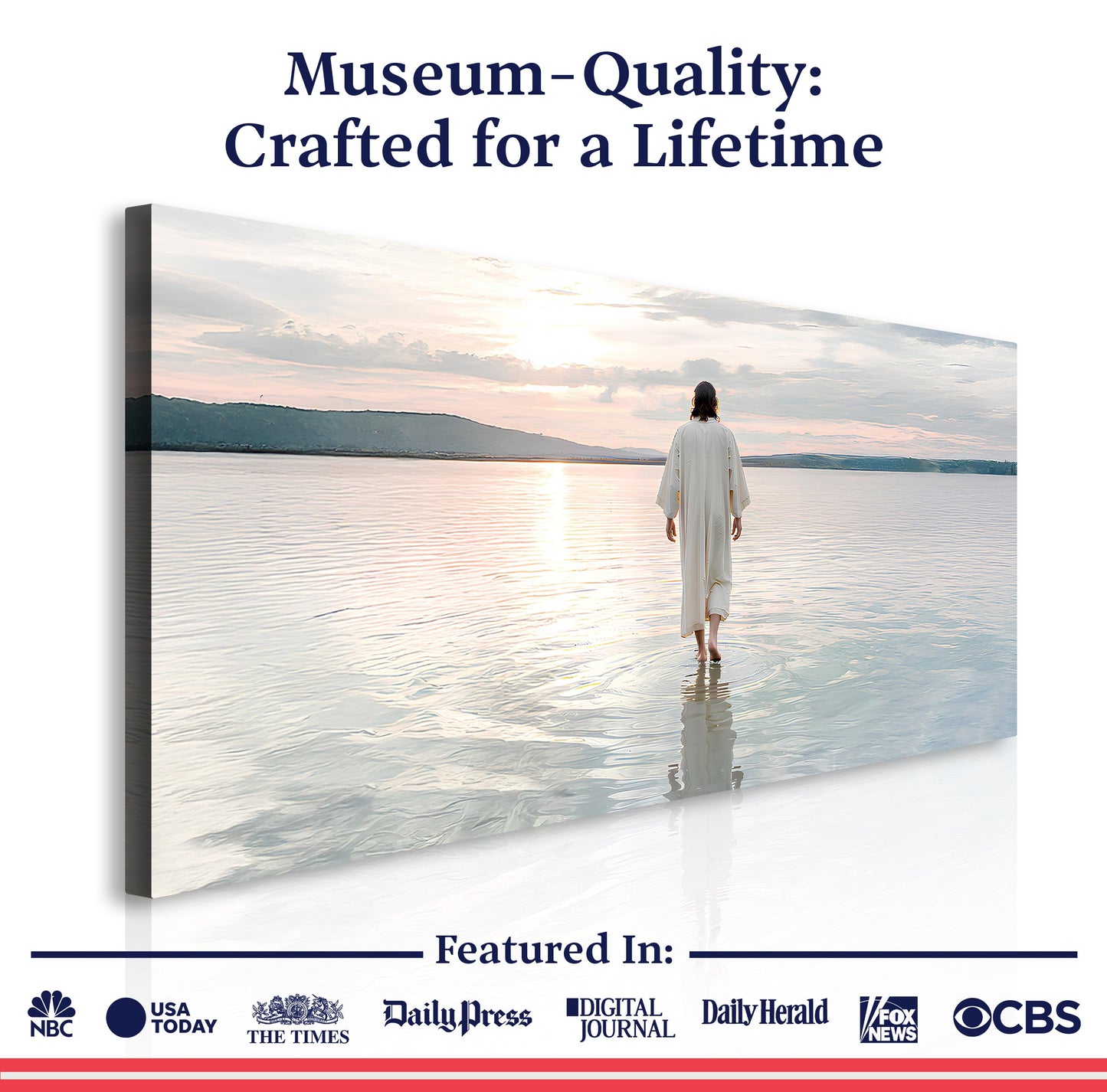 Reflections Faith Wall Art VI canvas, sunset over lake with a person in white robe on Tampa Home & Garden Store