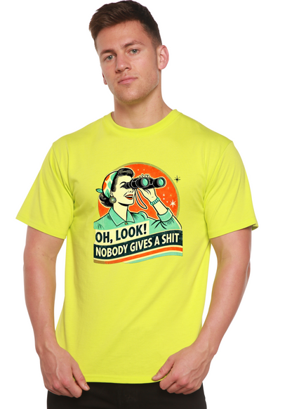 Funny retro woman unisex bamboo/cotton graphic tee in neon lime with binoculars print on Tampa Home & Garden Store