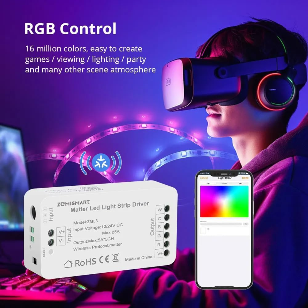 ZML3 Matter Over WiFi LED Strip Light Controller RGBCW - Smart LED Driver Compatible with Alexa, Google Home, and Apple Home App