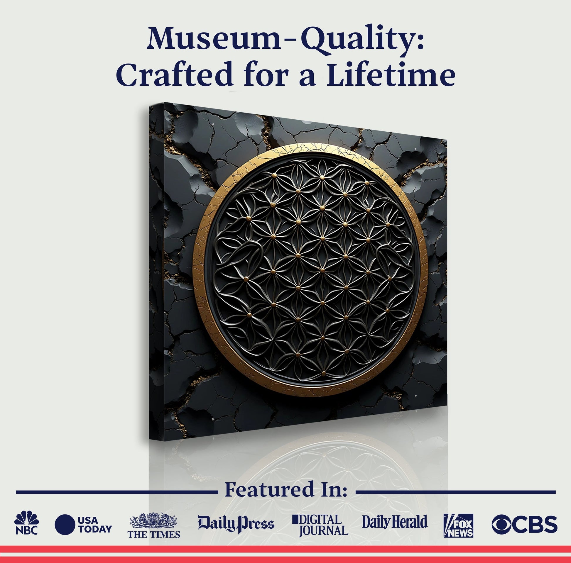 Flower Of Life Wall Art III canvas by Tailored Canvases, black circular geometric gold ring on Tampa Home & Garden Store