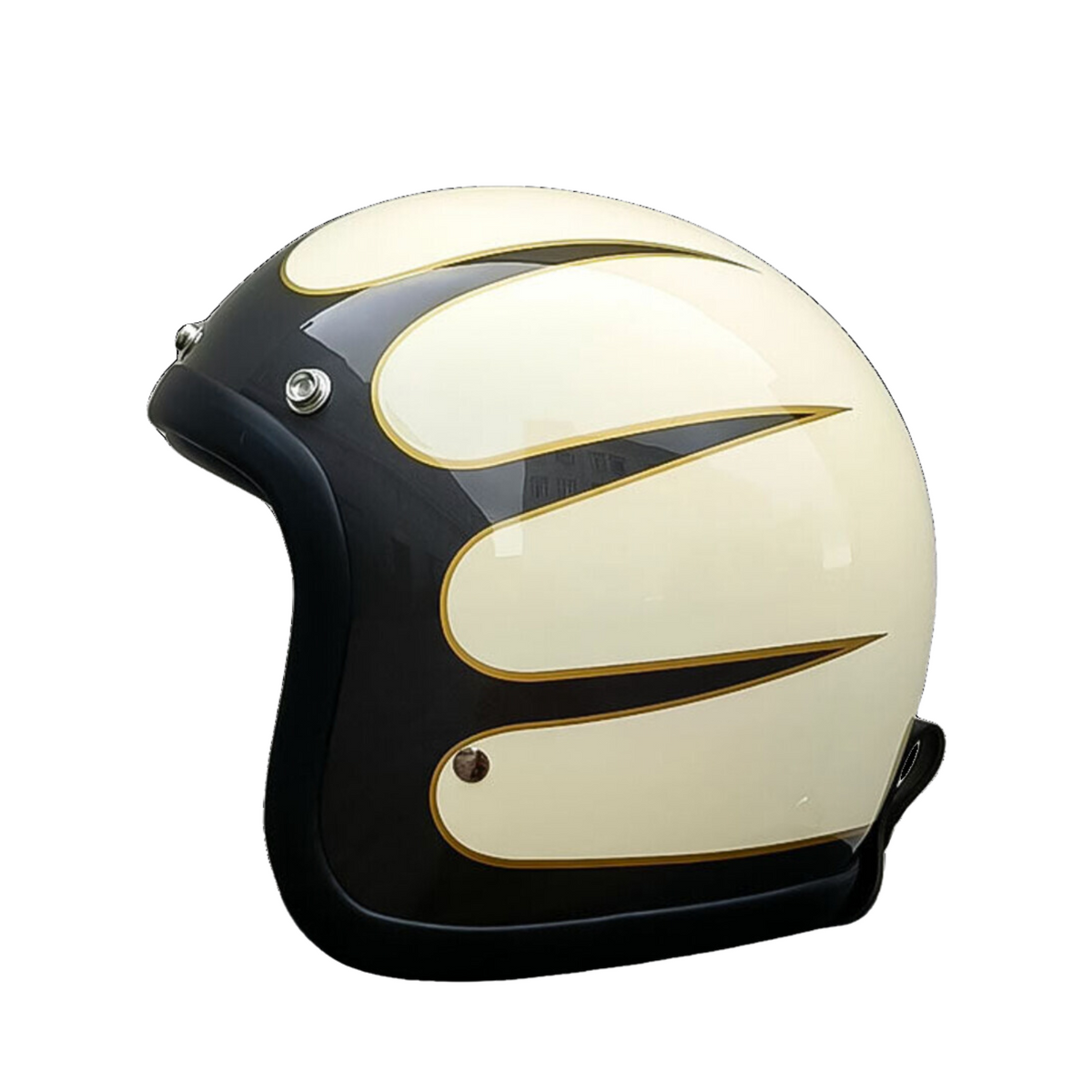 Chopper low-profile vintage helmet cream with black base and gold flames, DOT & ECE, BikerZoneZ on Tampa Home & Garden Store