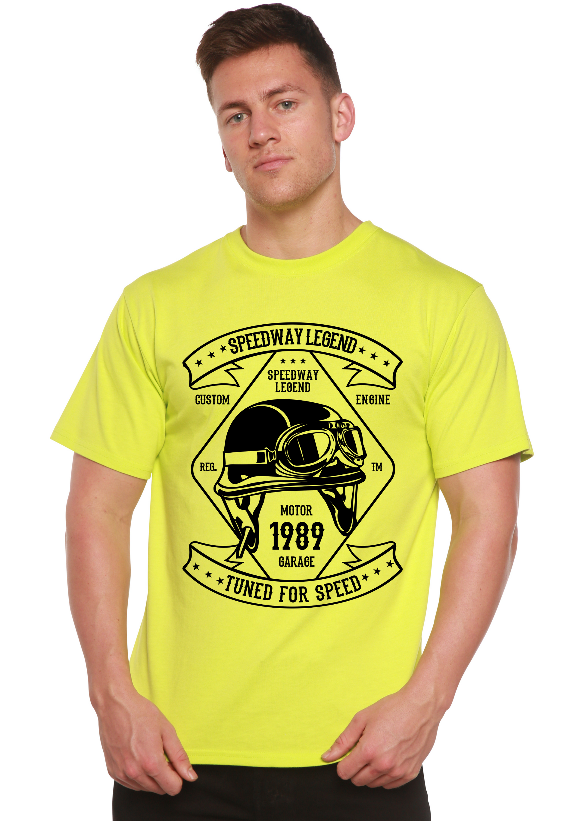 Spun Bamboo Speedway Legend men's neon yellow short sleeve T-shirt with black helmet on Tampa Home & Garden Store
