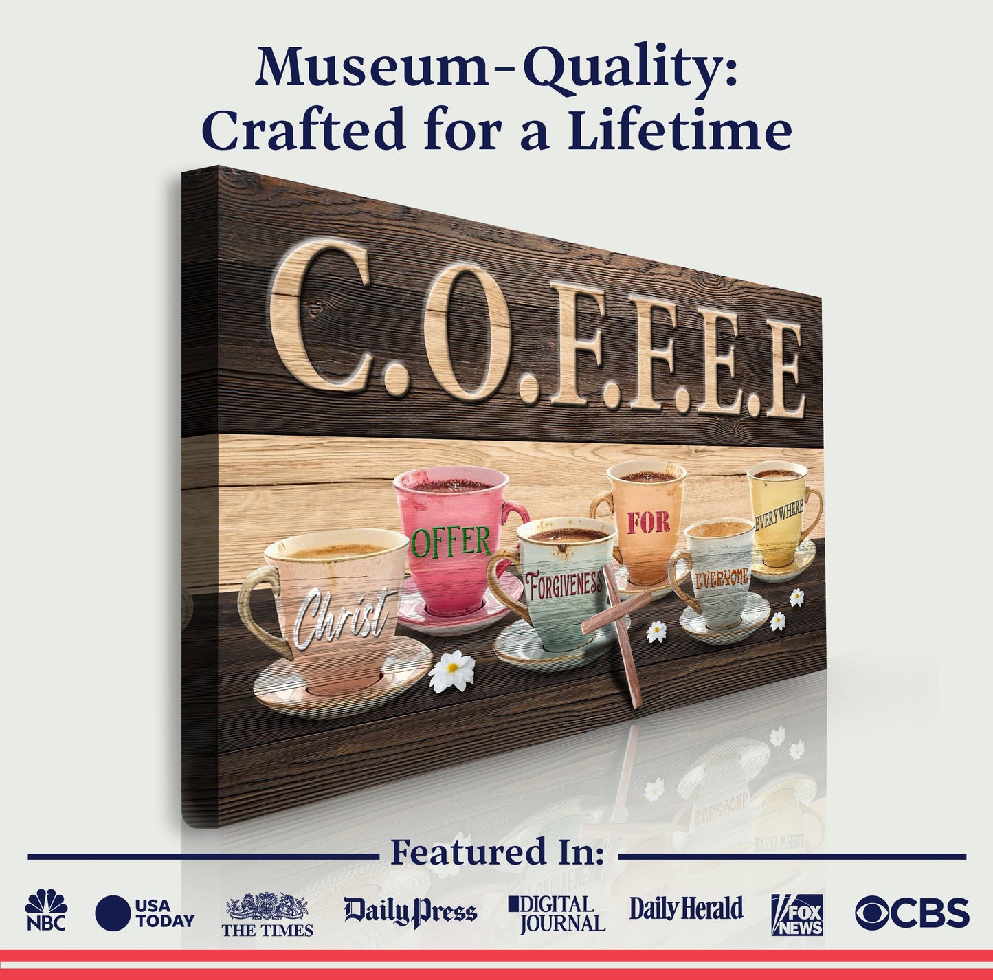 COFFEE Faith Sign II canvas by Tailored Canvases with dark wood grain and beige lettering on Tampa Home & Garden Store