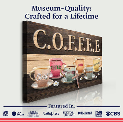 COFFEE Faith Sign II canvas by Tailored Canvases with dark wood grain and beige lettering on Tampa Home & Garden Store