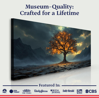 Burning Bush Faith Wall Art XI canvas with glowing orange leaves on a moody mountainscape on Tampa Home & Garden Store