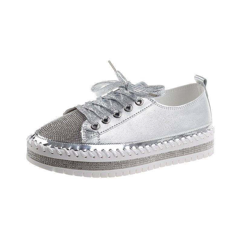 Stevvex silver lace-up sneakers with rhinestone toe cap and chunky stitched platform sole on Tampa Home & Garden Store