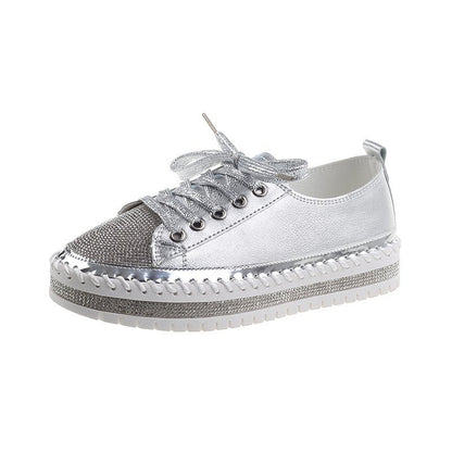 Stevvex silver lace-up sneakers with rhinestone toe cap and chunky stitched platform sole on Tampa Home & Garden Store