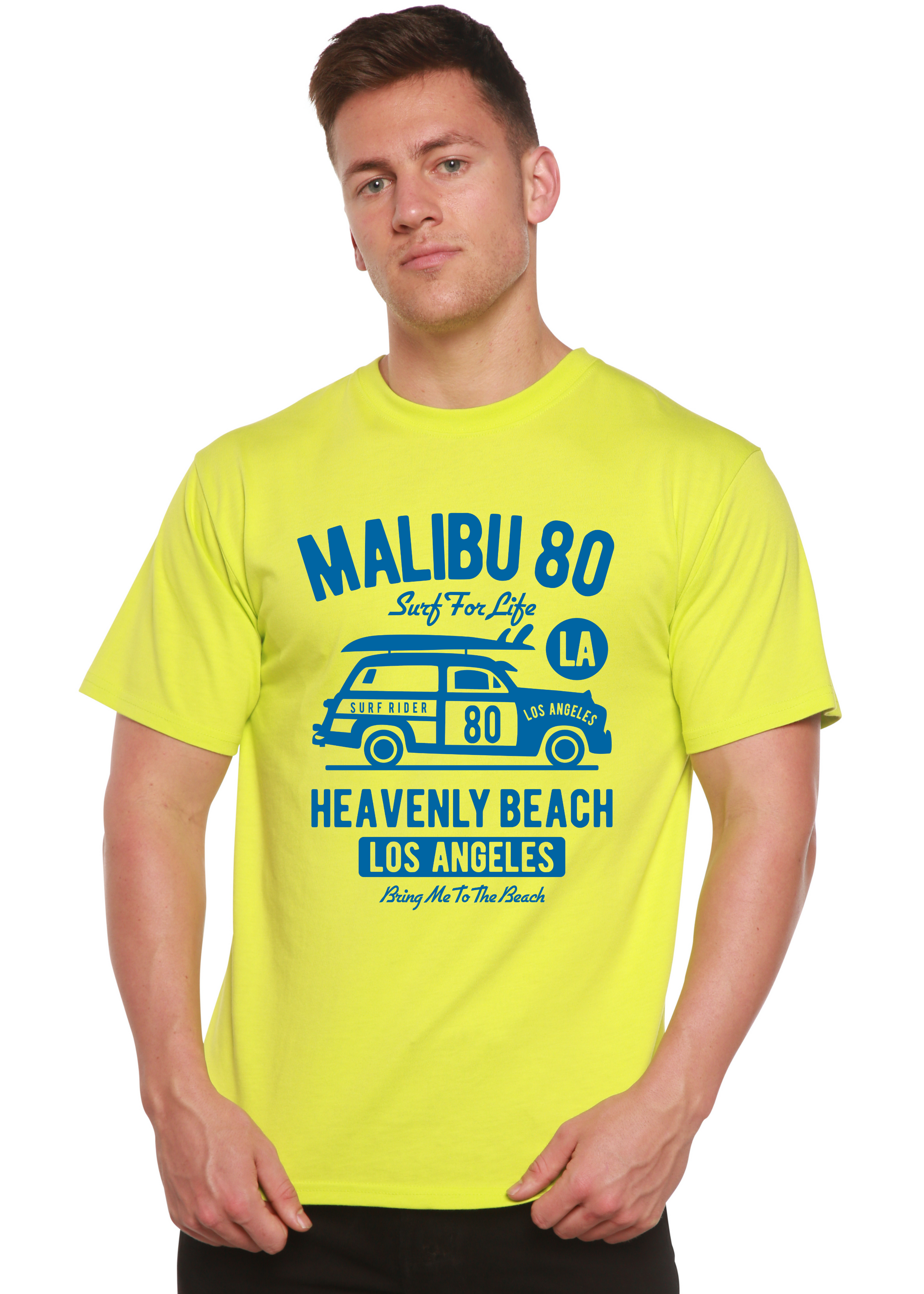 Malibu 80 men's bamboo viscose/organic cotton short sleeve graphic tee neon yellow with blue van on Tampa Home & Garden Store