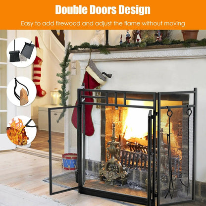 Three Panel Folding Wrought Iron Fireplace Screen