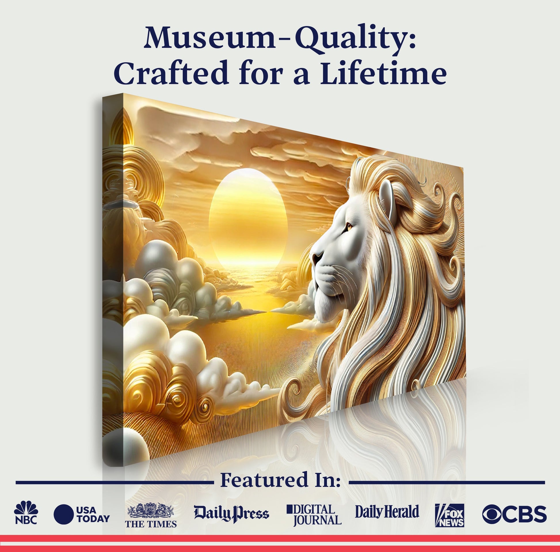 3D Majestic Lion Wall Art Canvas by Tailored Canvases; golden mane with sunrise backdrop on Tampa Home & Garden Store