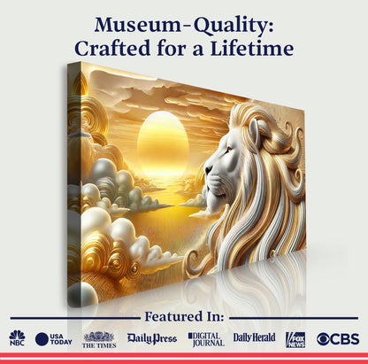 3D Majestic Lion Wall Art Canvas by Tailored Canvases; golden mane with sunrise backdrop on Tampa Home & Garden Store