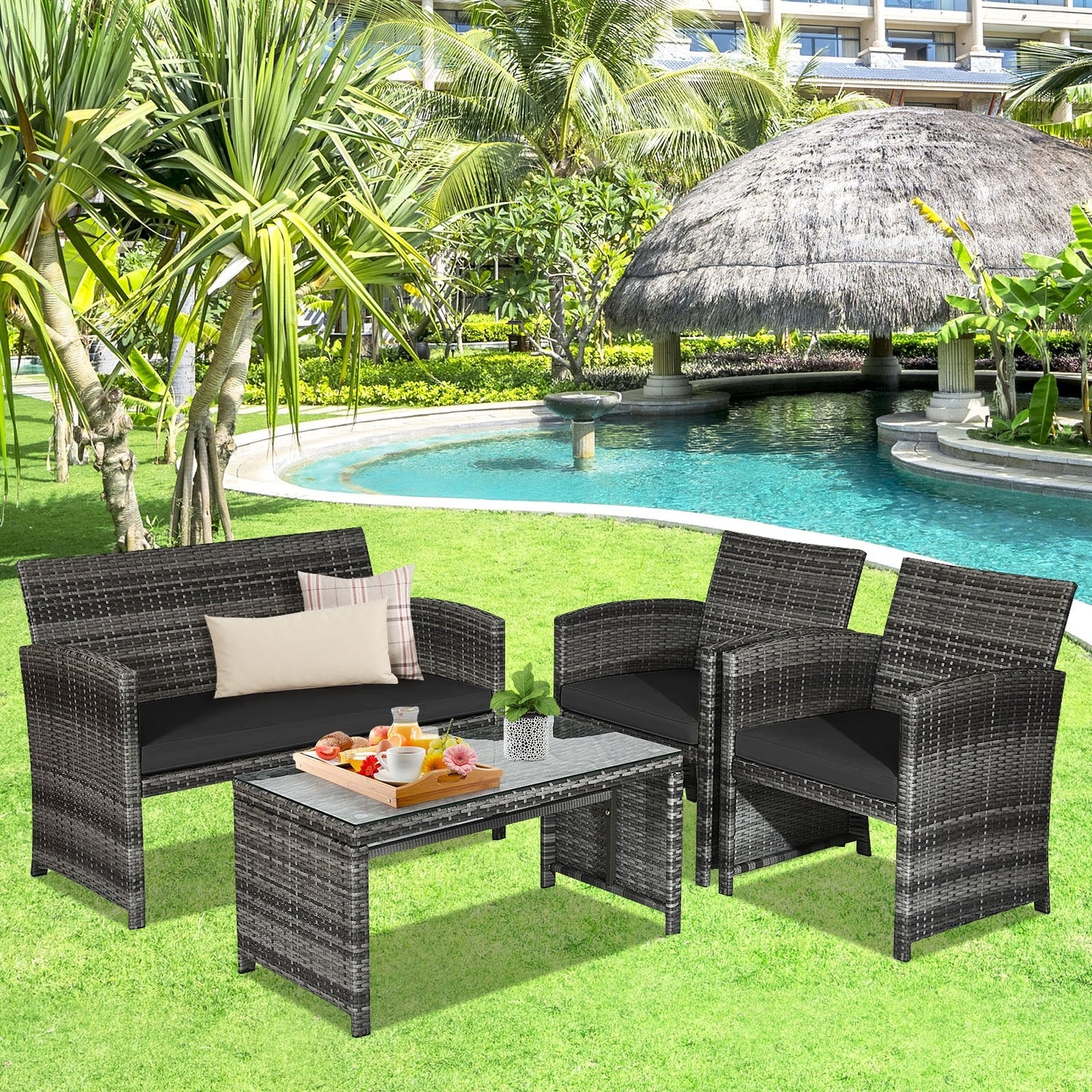 Juego de muebles de patio de ratán de 4 piezas con mesa de vidrio y sofá biplaza - Negro
