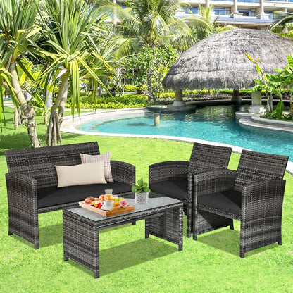 Juego de muebles de patio de ratán de 4 piezas con mesa de vidrio y sofá biplaza - Negro