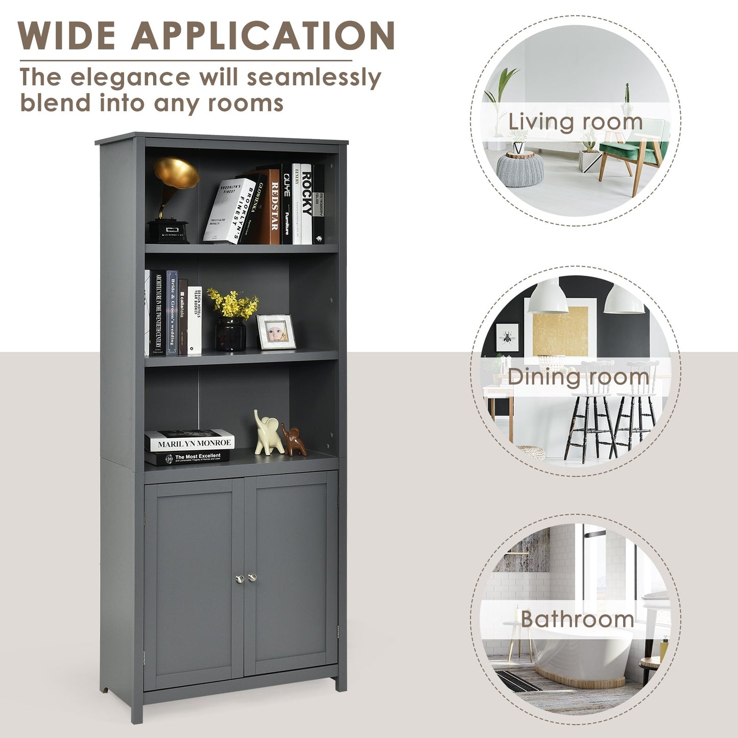 Estantería Librería Almacenamiento Mueble de Madera Unidad Exhibición con Puertas-Gris