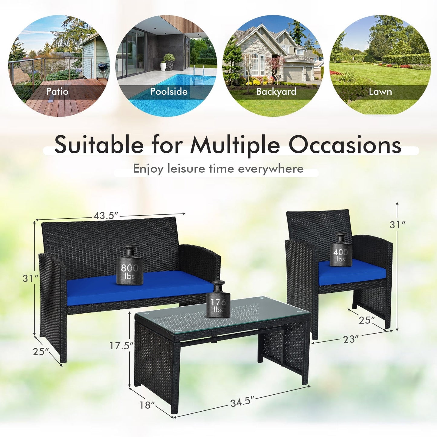 Juego de Muebles de Patio de Ratán de 4 Piezas con Cojines Resistentes al Clima y Mesa con Cubierta de Vidrio Templado-Azul Marino