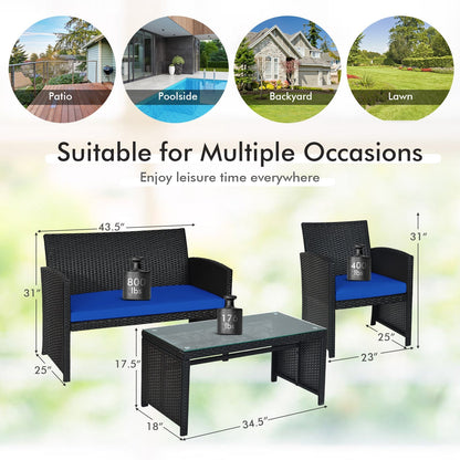 Juego de Muebles de Patio de Ratán de 4 Piezas con Cojines Resistentes al Clima y Mesa con Cubierta de Vidrio Templado-Azul Marino