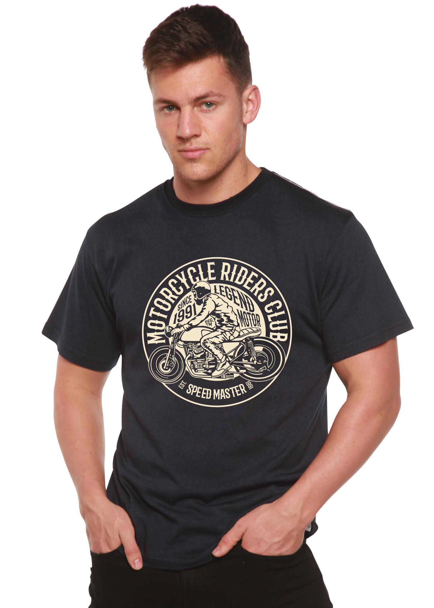 Motorcycle Riders Club men's bamboo tee navy with circular motorcycle print by Spun Bamboo on Tampa Home & Garden Store